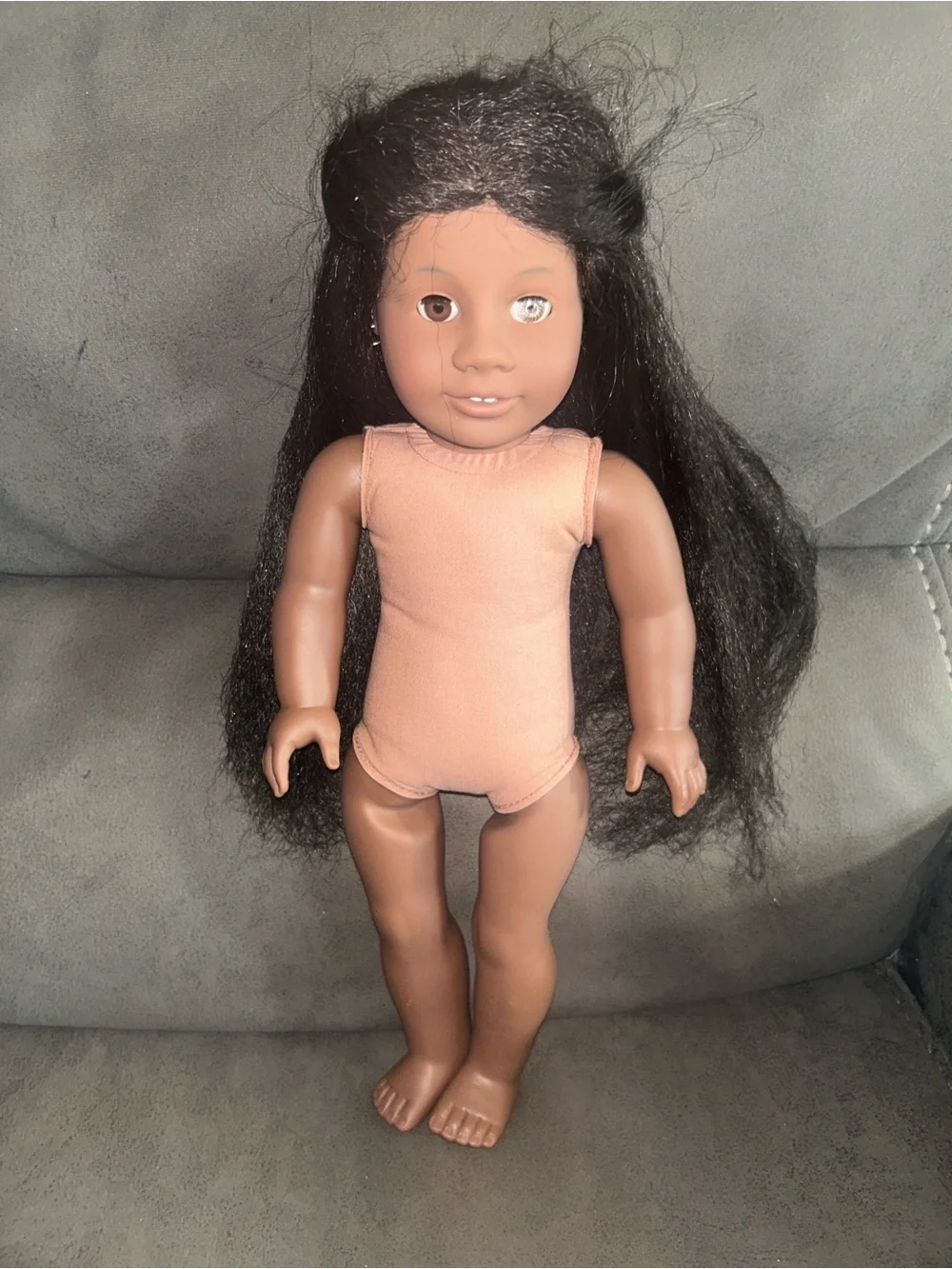 American Girl Doll with Long Black Hair and Peach Outfit